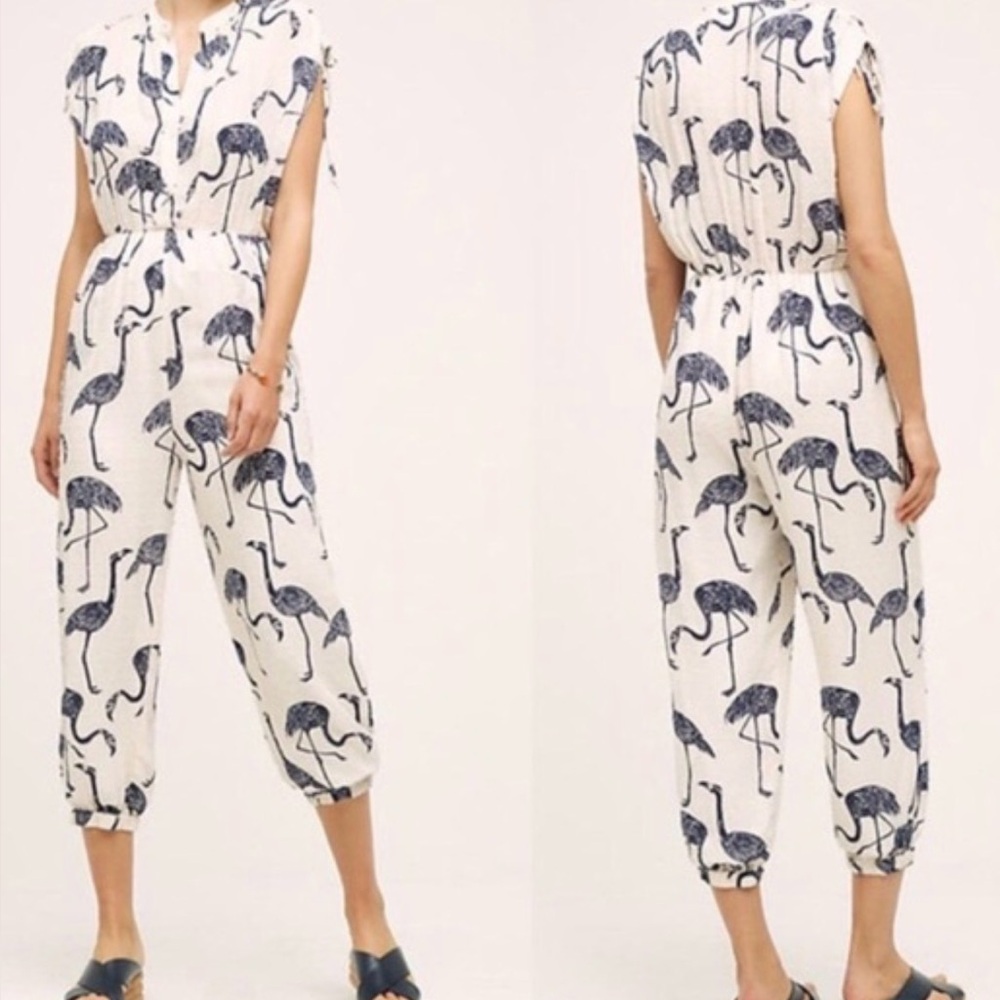 Anthropologie Corey Lynn Calter blue flamingo cropped jogger jumpsuit size small